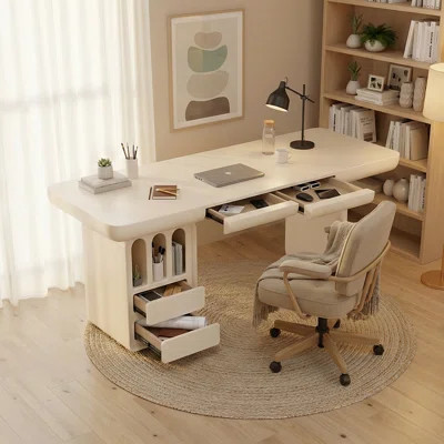 Modern Sculptural Executive Desk in Cream, Minimalist Writing Desk with 4 Solid Wood Drawers and Integrated | Wayfair North America