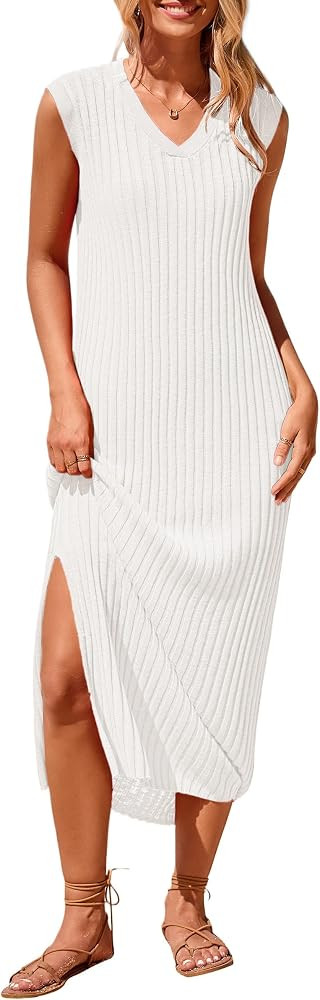 PRETTYGARDEN Women's 2025 Summer Casual Maxi Dresses Ribbed Knit Sleeveless V Neck 2 Piece Outfit... | Amazon (US)