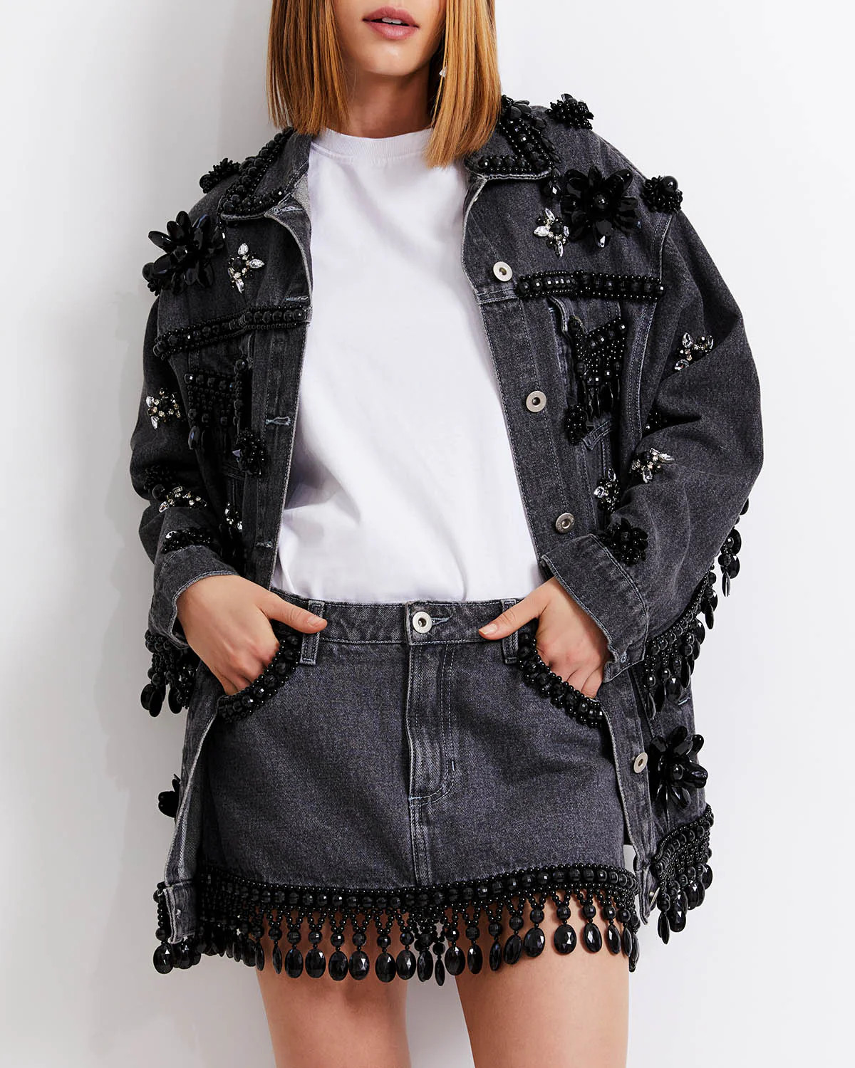 HAND-BEADED DENIM MINI SKIRT (RUNWAY) | PatBO