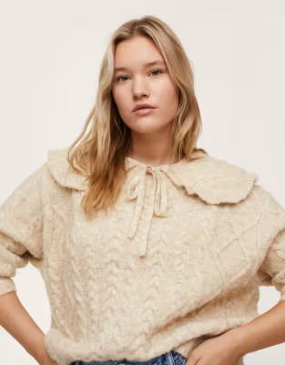 Mango Curve cable knit sweater with collar detail in ecru | ASOS (Global)