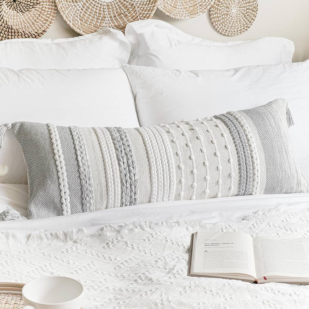 Gray Decorative Lumbar Pillow Cover 14x36, Grey Boho Long Body Pillow for Bed, Farmhouse Lumbar T... | Amazon (US)