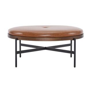 CHRISTOPHER KNIGHT HOME Stratum Modern Upholstered PU Leather Round Ottoman, Iron Base, Brown + B... | The Home Depot