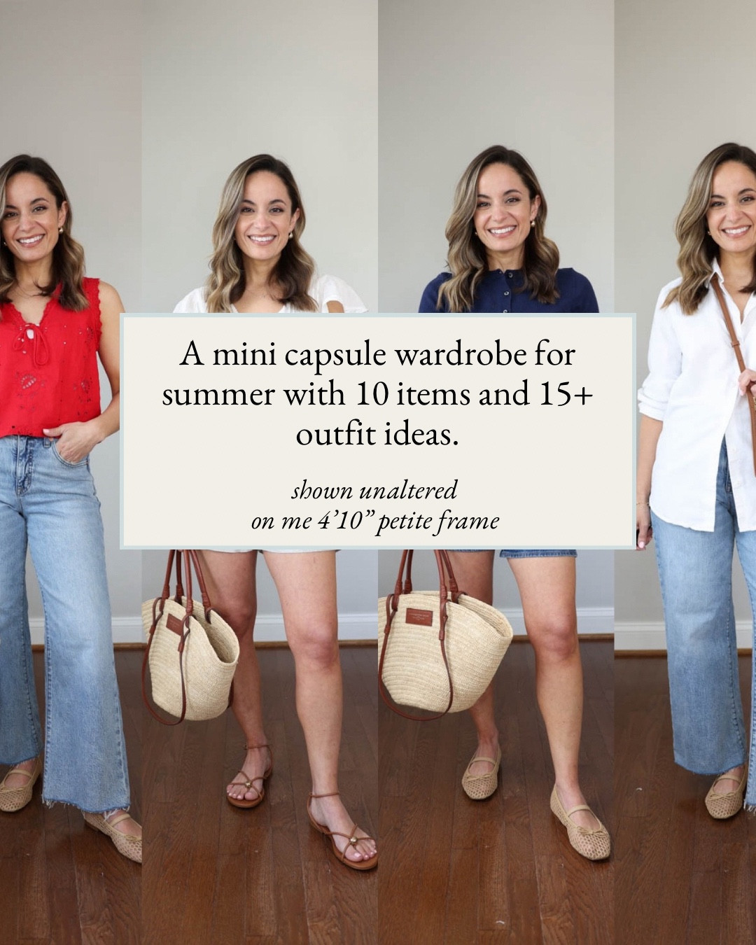 A mini capsule wardrobe for summer with 10 items and 15+ outfits! 

Bottoms (3) 
Light wash jeans: 24 classic - 26.5” inseam 
Denim shorts: 25 - sized up 
Linen shorts: 0 - fully lined 

Tops (5) 
Red top: xxs 
White peplum top: petite xs 
Navy cardigan: petite xs 
White button down: xs 
Blue tank top: xs 

Shoes (2) 
Sandals: true to size 
Flats: true to size 

My measurements for reference: I’m 4’10” and 105lbs. My bust, waist, and hip measurement is 32”, 24”, and 36”.

#LTKSeasonal #LTKPetite