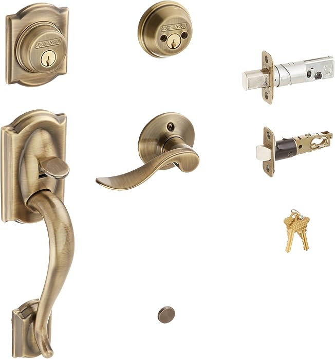 Schlage F62CAM609ACCLH Camelot Handleset Keyed 2-Sides with Accent Left-handed Lever, Antique Bra... | Amazon (US)