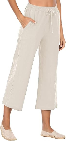 Famulily Women's Cotton Linen Wide Leg Pant Casual Loose Drawstring Cropped Trousers with Pockets | Amazon (CA)