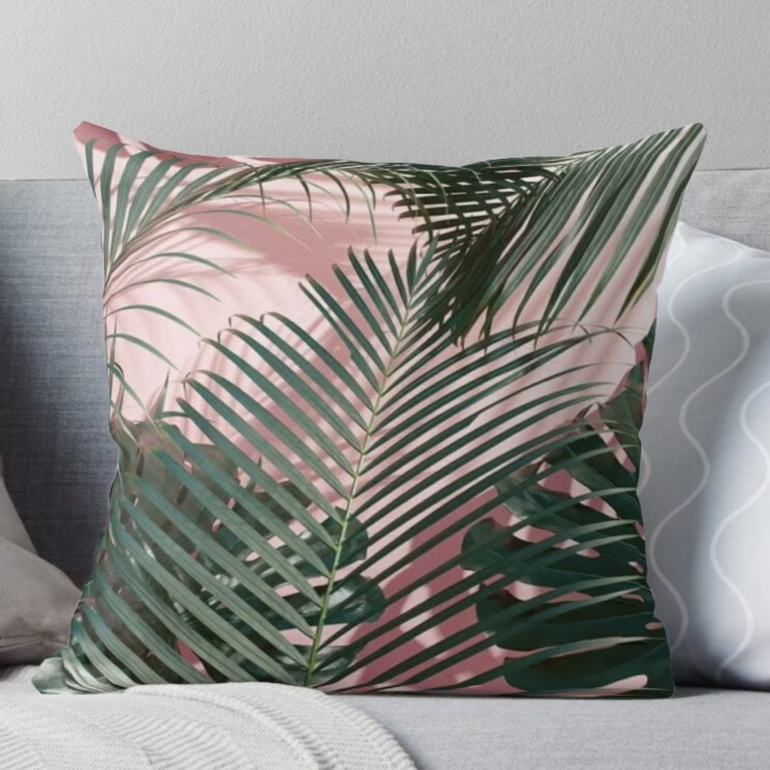 Blush Pink With Green Palm Leaves Decorative Throw Pillow - Etsy | Etsy (US)
