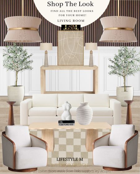 Modern transitional living room design. Wood coffee table, upholstered swivel chair, beige checkered rug, wood round end table, white table vase, white female bust decor, book decor, white sofa, wood console table, white table lamp, neutral wall art, white tree planter pot, realistic fake tree, white chandeliers, wood wall panels.

#LTKhome #LTKstyletip #LTKFind