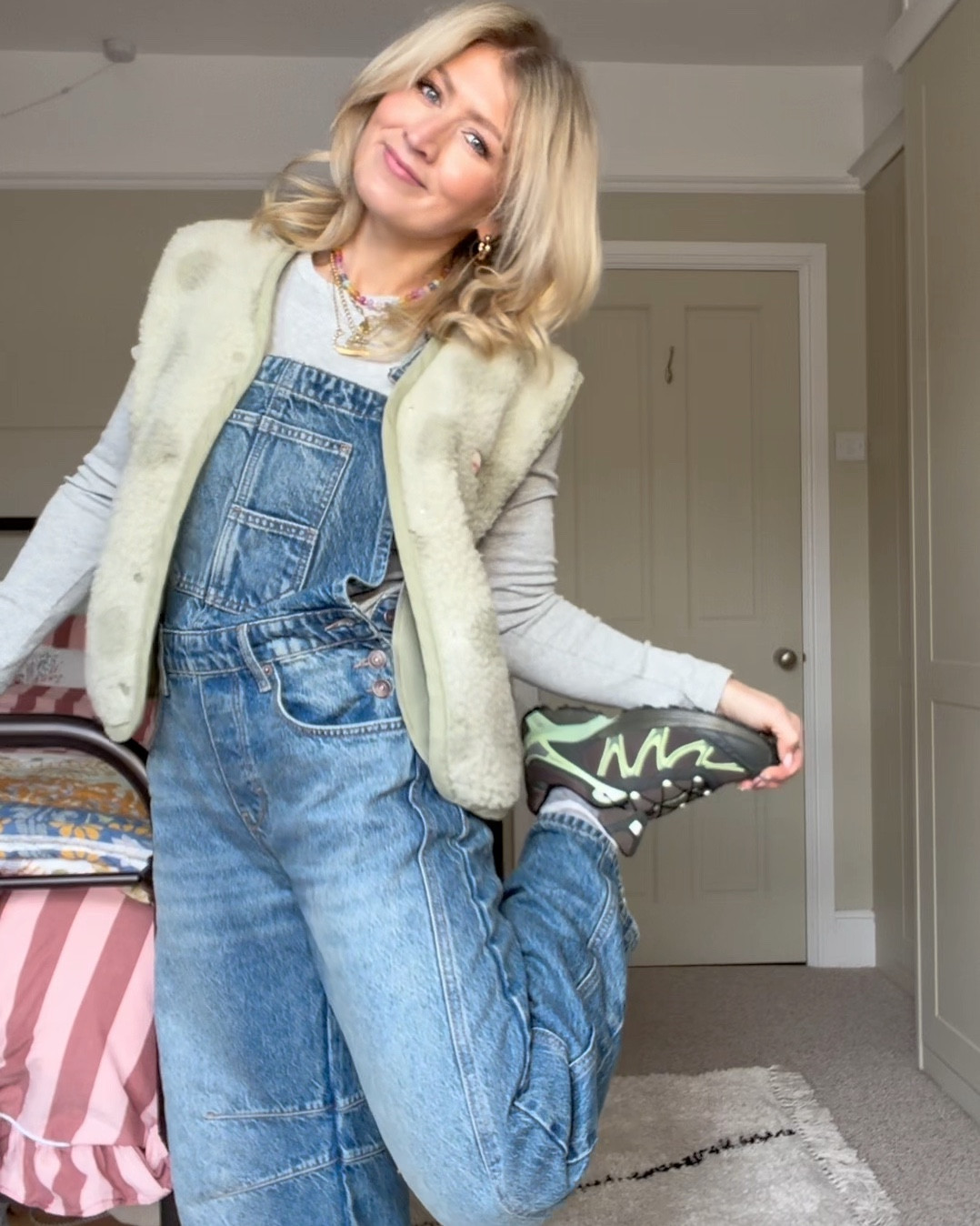 Outfit details
Pyjamas - Marks & Spencer, size 12
Bra & t-shirt - Uniqlo, size S
Dungarees - Free People Barrel Leg, size XS reg leg
Gilet - Happy Mess, size S
Bag - Demellier 
Trainers - Saloman XT Whisper
Sunnies - Jimmy Fairly 
Jewellery - Maudella London, Balance & Believe

#LTKFashionMonth #LTKuk #LTKstyletip