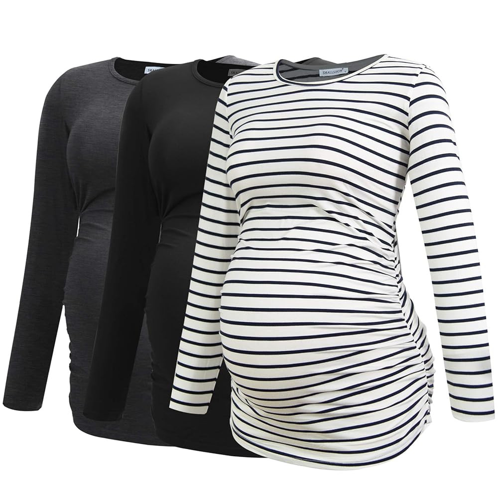 Smallshow Women's Maternity Shirts Long Sleeve Pregnancy Clothes Tops 3-Pack | Amazon (US)