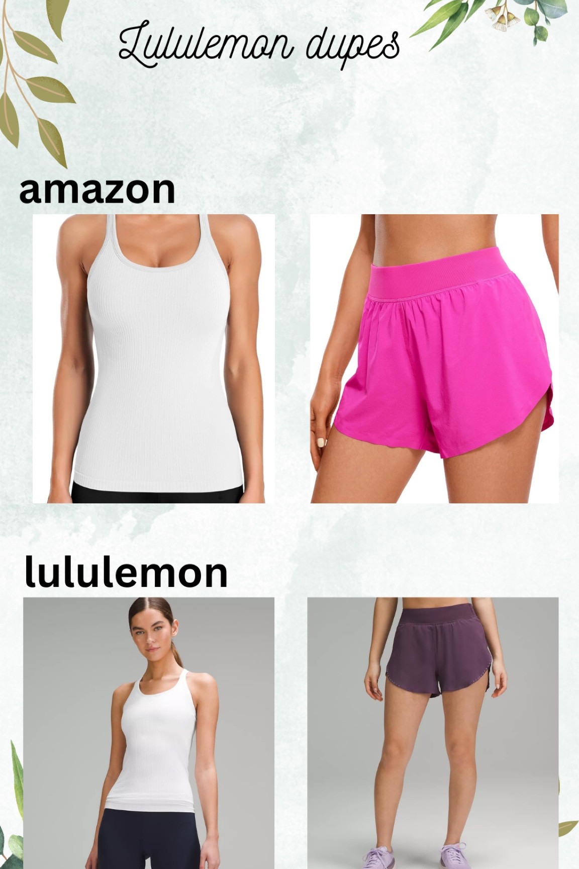 The best Amazon dupes  for Lululemon!! I would size up in the tank, but the shorts are true to size!

#LTKSpringSale #LTKsalealert #LTKfitness