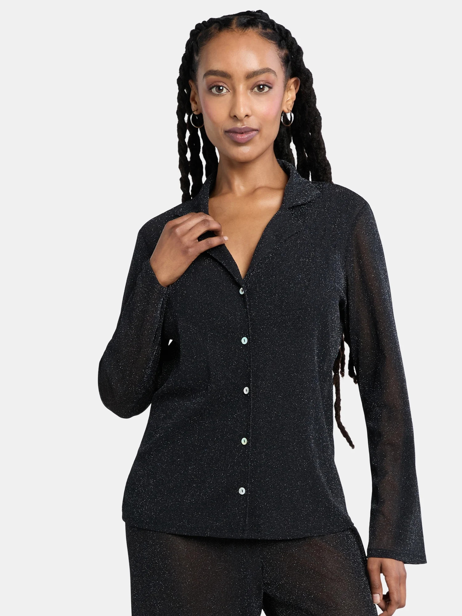 Time and Tru Women's and Women's Plus Sparkle Button Front Shirt Coverup, Sizes XS-2X | Walmart (US)