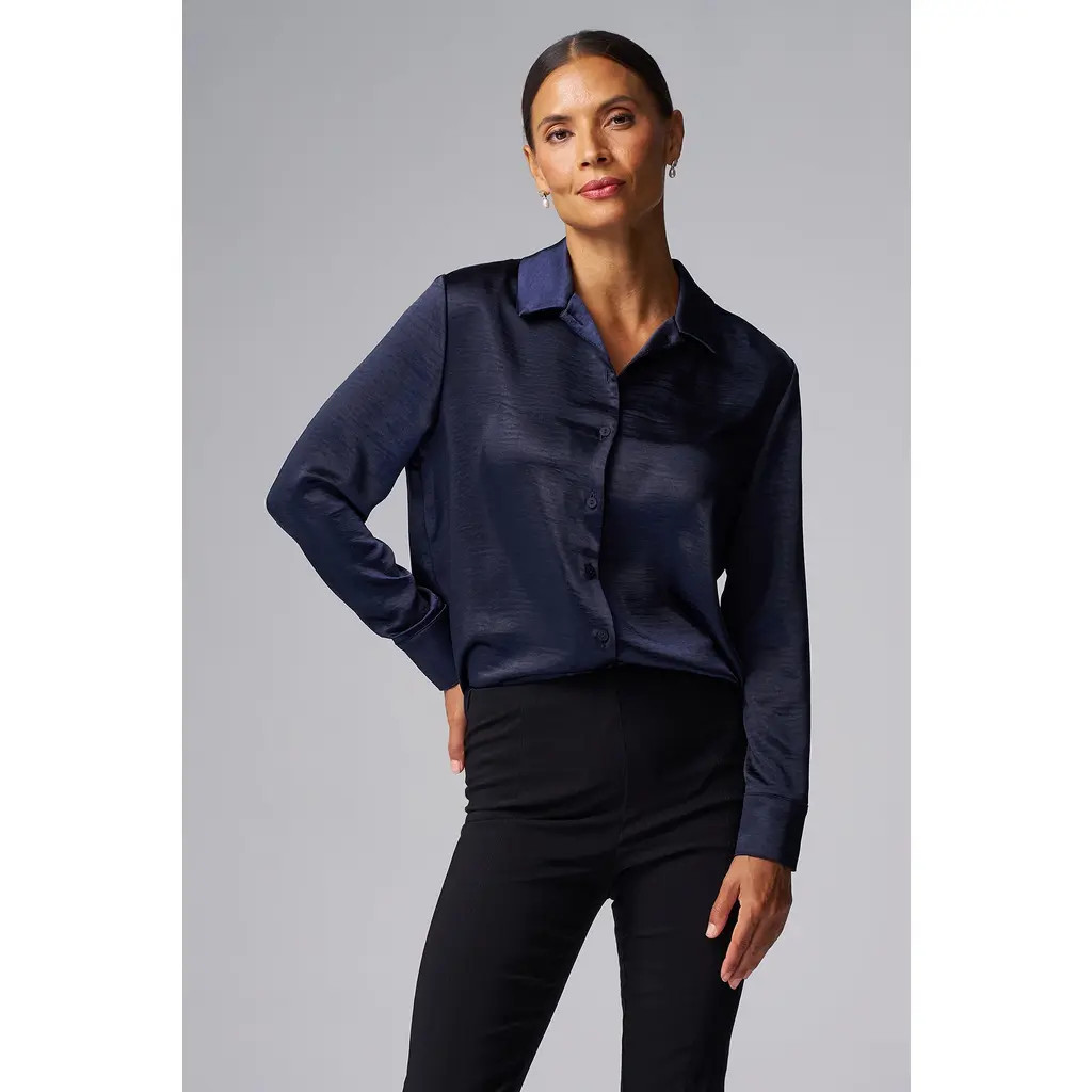 Franne Golde Textured Satin Shirt in Navy at Nordstrom, Size X-Large | Nordstrom