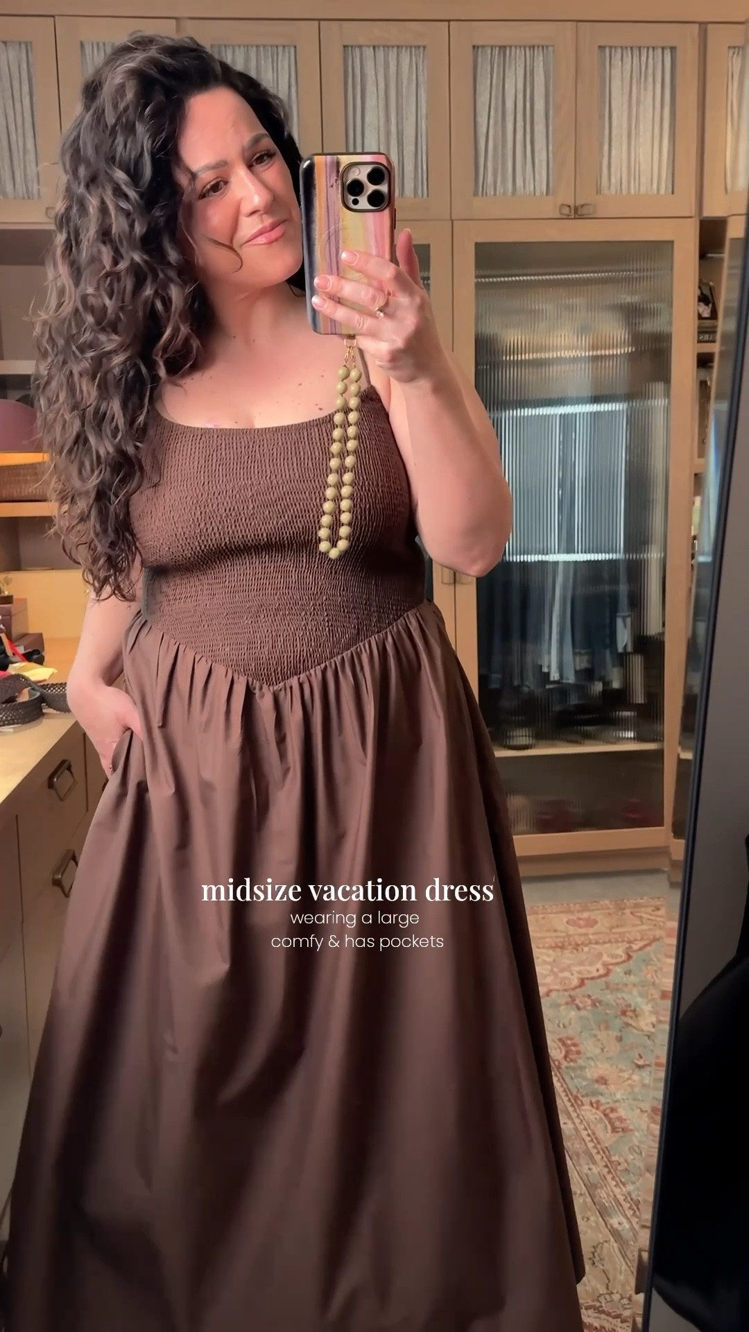 Trying on some midsize vacation dresses, loved this one & it has pockets!!!! wearing a size large i am a size 14, 38dd & 5’6. 

also i get so many questions about my phone case and beaded strap, linked it for you too. 🫶🏻

#LTKOver40 #LTKTravel #LTKMidsize