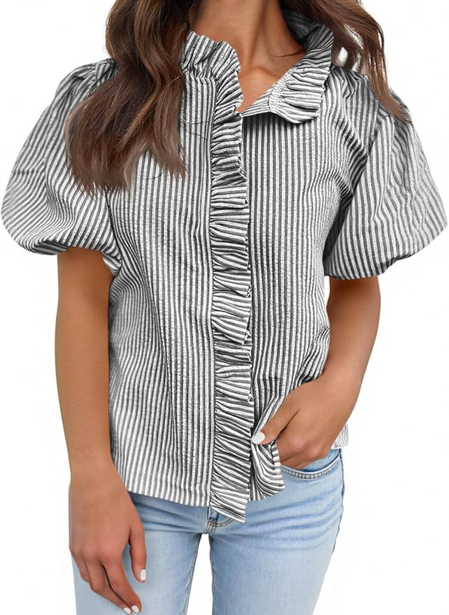 Tankaneo Womens Short Puff Sleeve Button Down Shirts Summer Ruffle Striped Work Tops Stand Collar... | Amazon (US)