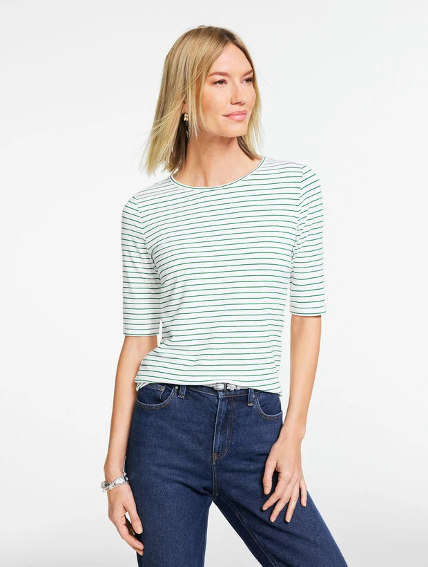 Elbow Sleeve Crewneck Top - Kelly Stripe | Talbots