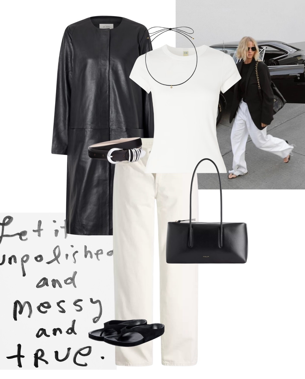 White jeans + black leather coat 

#LTKspring #LTKdatenight #LTKuk