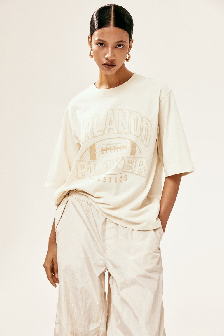 Oversized T-shirt - Round Neck - Short sleeve - Light beige/Orlando - Ladies | H&M US | H&M (US + CA)