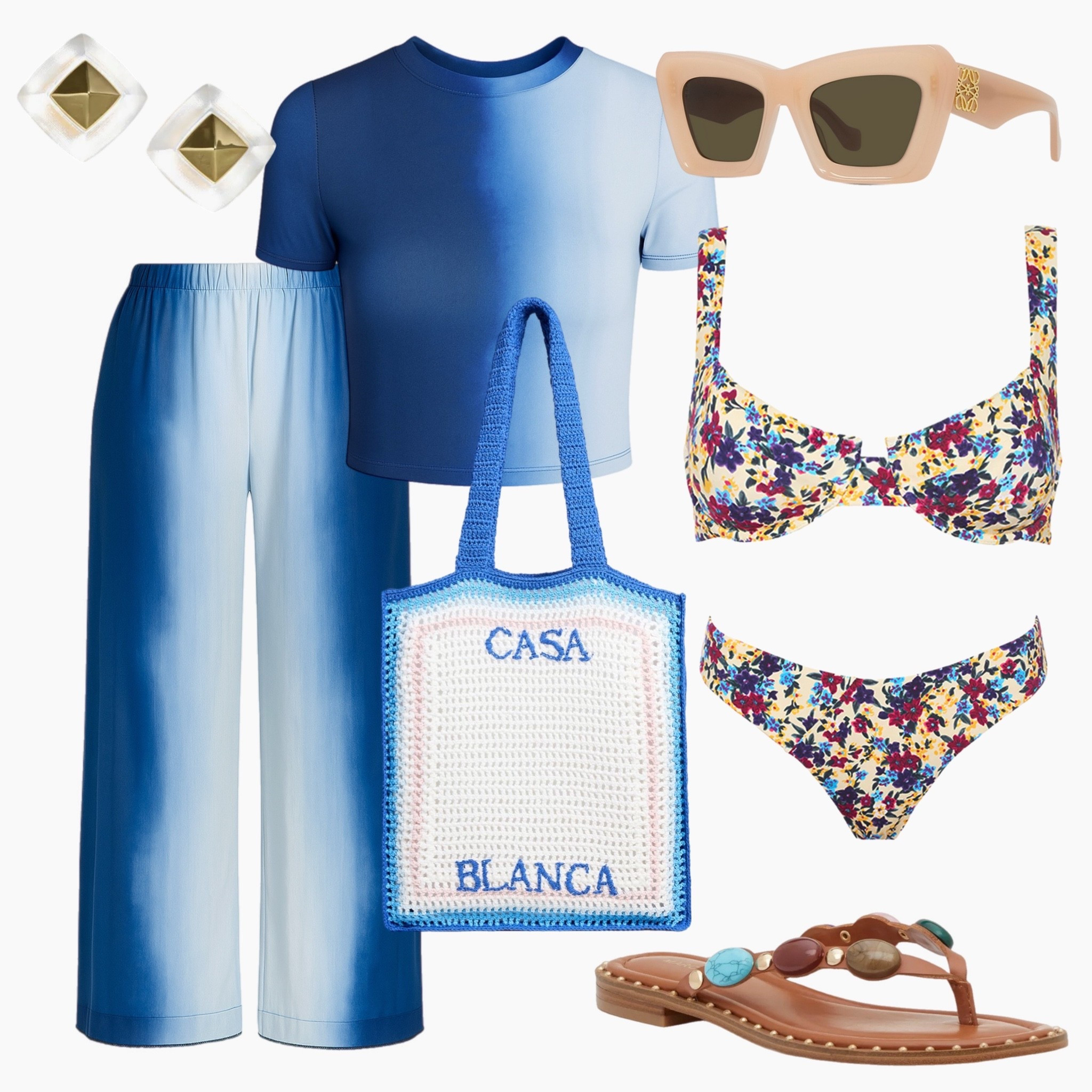 Blue hues for the 4th 🇺🇸💙 This festive and playful look is perfect for beach hopping or backyard BBQs—ombre pants, a floral bikini, and statement accessories bring the fun. A fresh spin on patriotic style without the clichés!

#FourthOfJulyStyle #BeachDayLook #RedWhiteAndBlueVibes #LTKsummer #OmbreOutfit #ChicSwimwear #HolidayStyle #CasaBlancaBag #SummerFashion #PoolsideStyle

#LTKShoeCrush #LTKSwim #LTKItBag