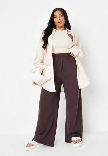 Missguided - Plus Size Chocolate Loopback Wide Leg Joggers | Missguided (US & CA)