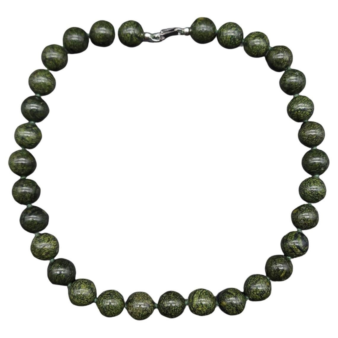 Polished Jade Bead Necklace, Sterling Silver Clasp, Vintage, Collar | 1stDibs