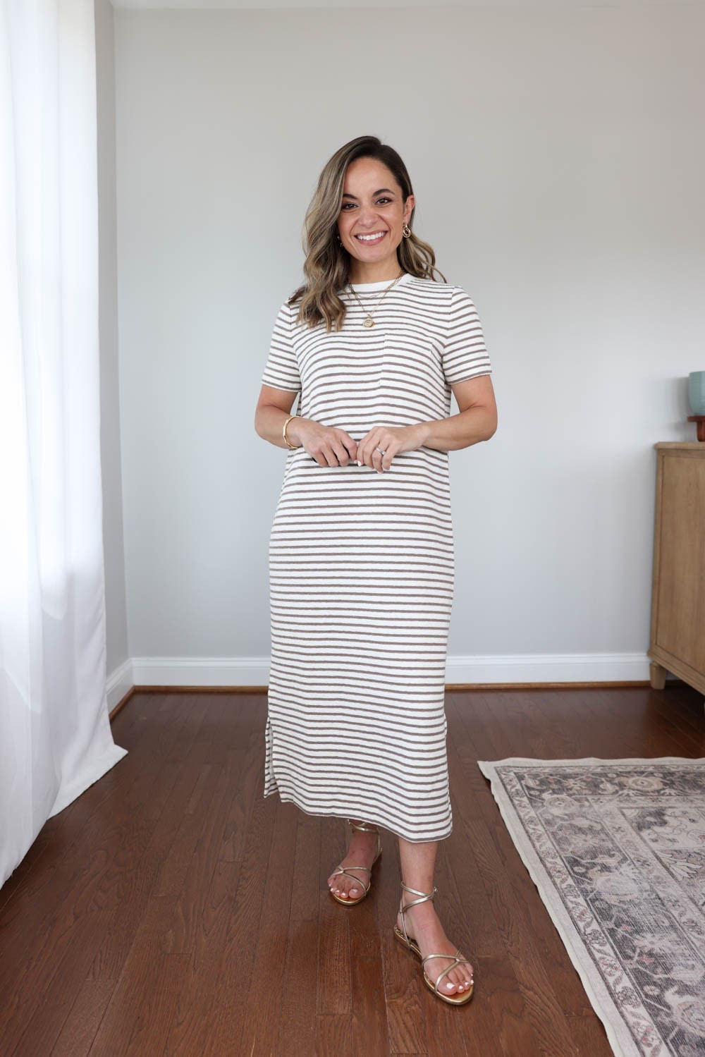 Three petite-friendly t-shirt dresses! 

Blue dress (LOFT): petite xxs 
Striped dress (Haven Well Within): xxs 
Black dress (J.Crew Factory): xs 
Sandals (Sam Edelman): true to size 

My measurements for reference: I’m 4’10” and 105lbs. My bust, waist, and hip measurement is 32”, 24”, and 36”.