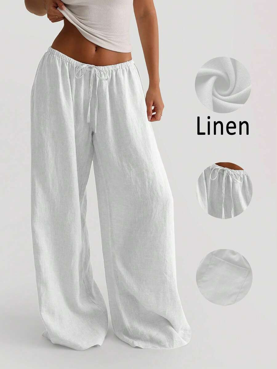 Women's Casual Comfortable Versatile Linen Loose Flowy Wide Leg Pants White Spring | SHEIN