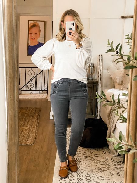 Fall trend : horse bit loafers 
Fall outfit idea from the loft. 
Everything is true to size.

Sailor style pants 
Skinny gray grey denim
Puff sleeve top
Balloon sleeve shirt
Ivory shirt
Pleated

#LTKstyletip #LTKshoecrush #LTKsalealert