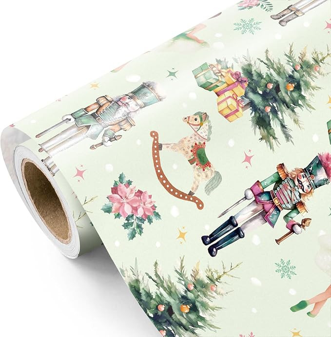 WRAPAHOLIC Nutcracker Christmas Wrapping Paper - Mini Roll - 17 Inch x 16.5 Feet - Watercolor Min... | Amazon (US)