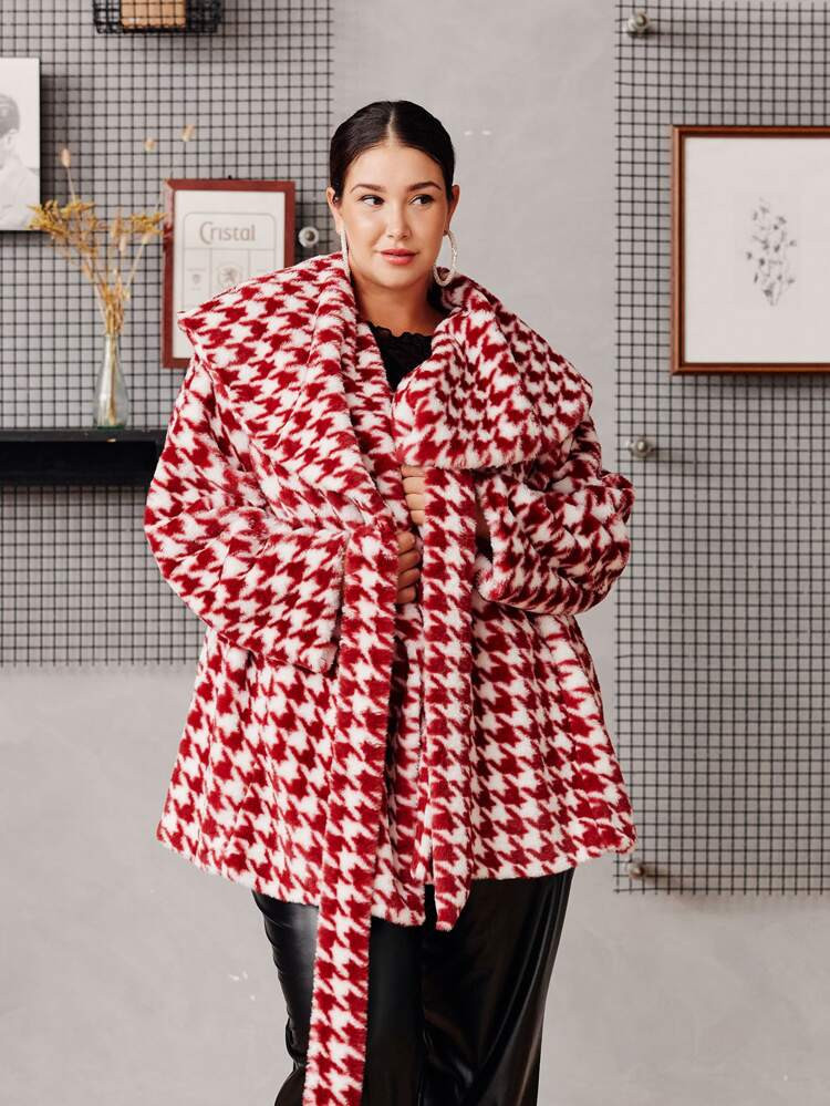 SHEIN FIT+ Plus Houndstooth Waterfall Collar Fuzzy Coat | SHEIN