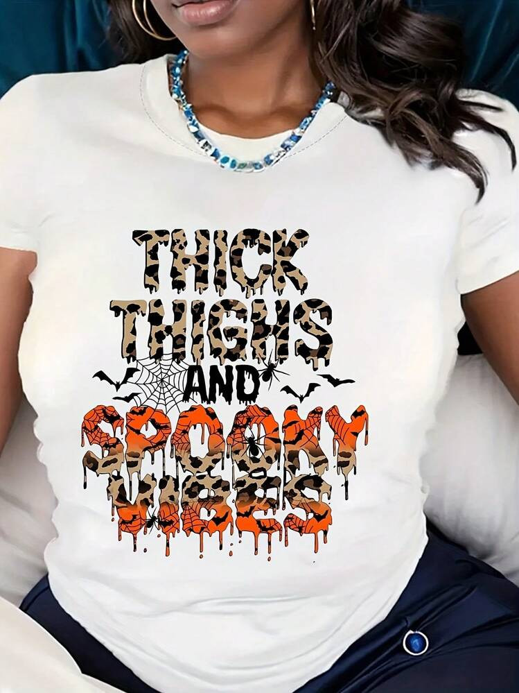 Thick Fit T-Shirt With Halloween Thick Thighs And Spooky Vibes Print For Festive Party Wear,220g | SHEIN
