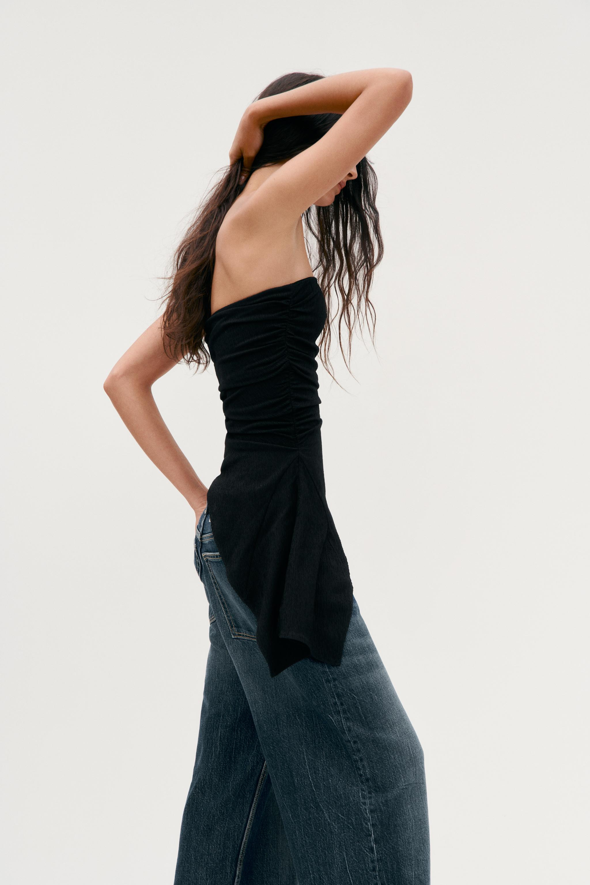 TEXTURED BANDEAU TOP Black White Dark khaki | Zara US