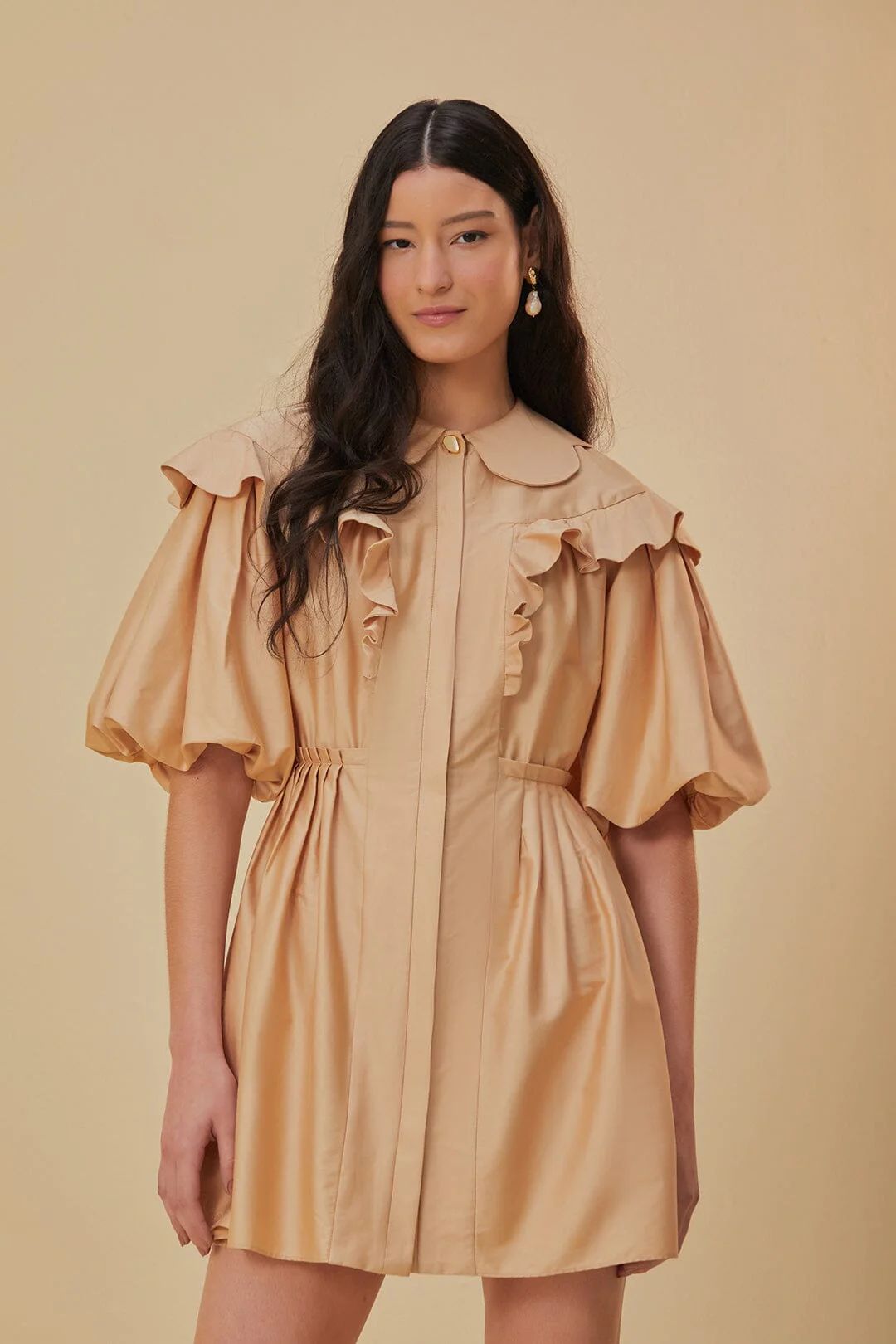 Beige Short Sleeve Mini Dress | FarmRio