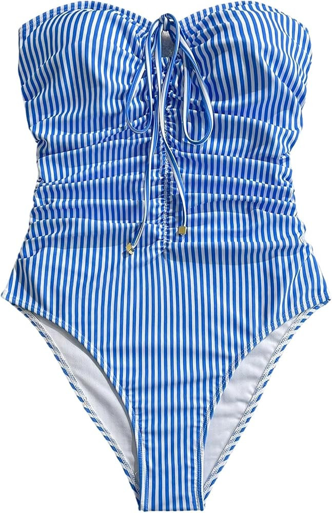 Floerns Women's One Piece Swimsuit Striped Ruched Strapless Bandeau Bathing Suit Beachwear | Amazon (US)