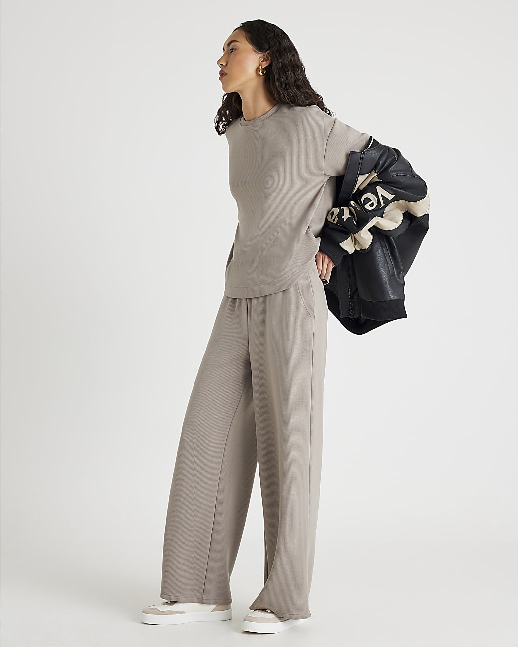 Beige Premium Ribbed Wide Leg Joggers | River Island UK & IE