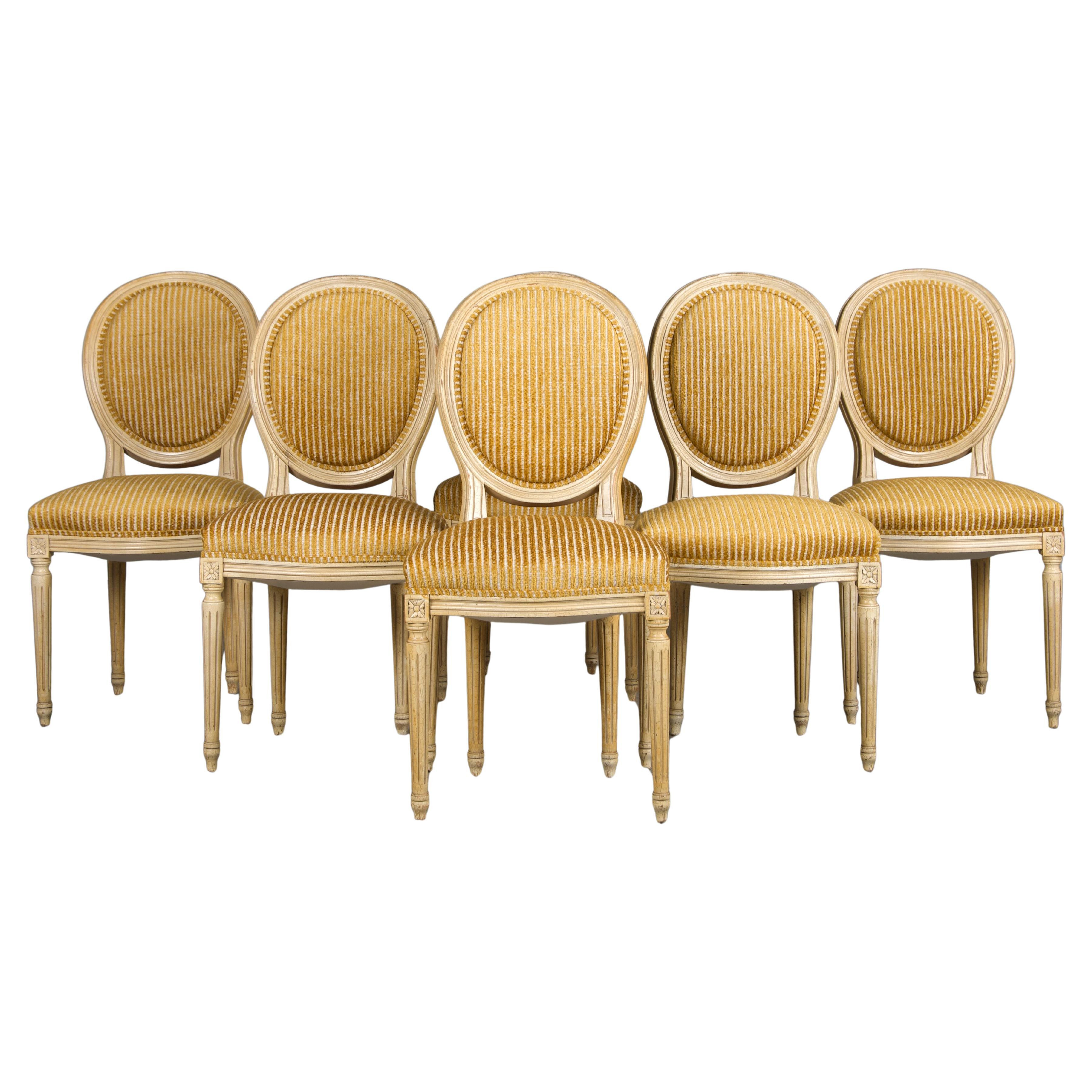 Antique French Louis XVI Style Painted Dining Chairs W/ Striped Fabric- Set of 6 For Sale at 1stD... | 1stDibs