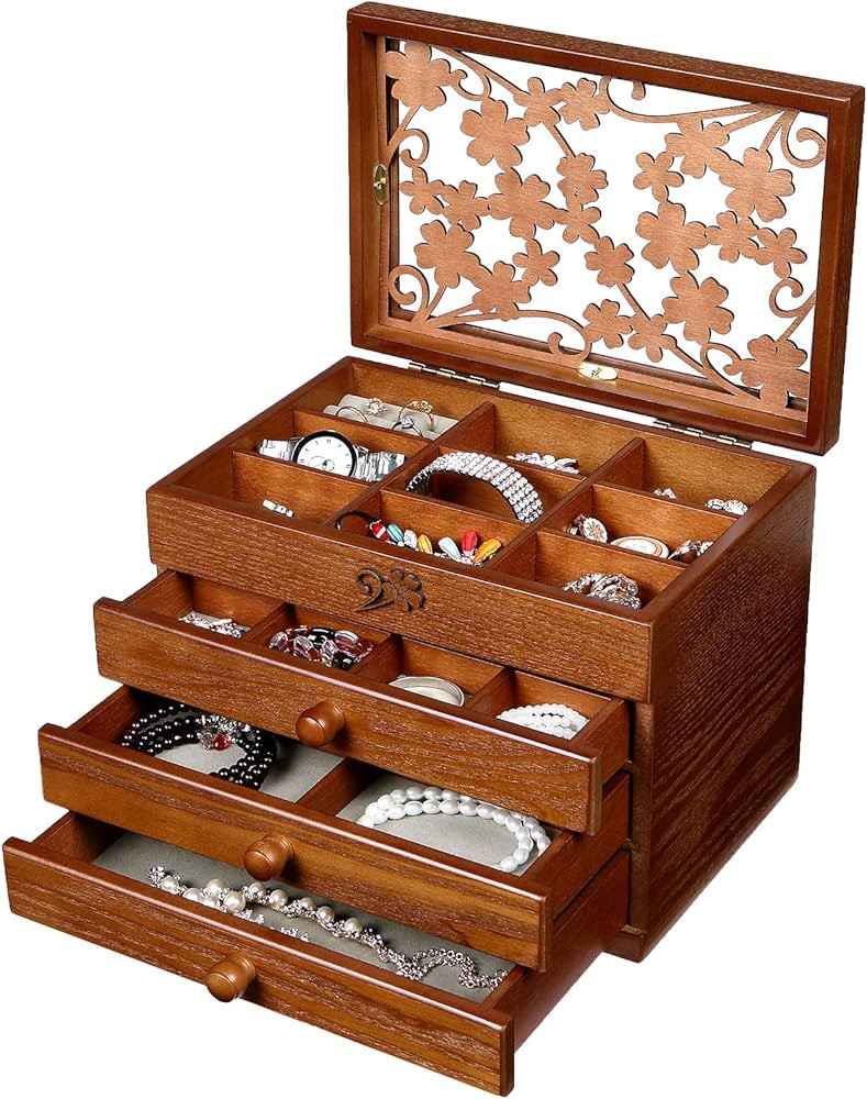 Changsuo Wooden Jewelry Box for Women with, Drawers, Medium Jewelry Storage Organizer | Amazon (UK)