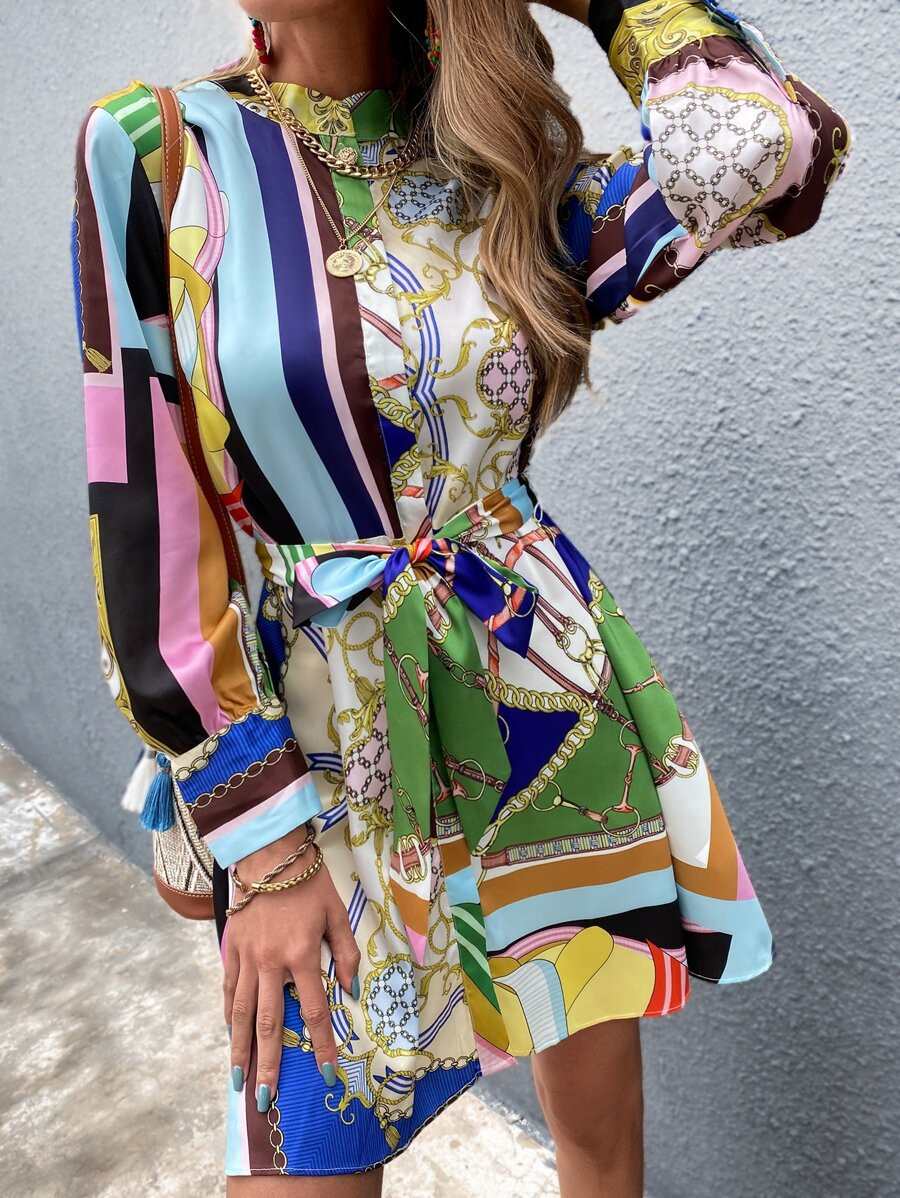 Baroque And Chain Print Belted Shirt Dress | SHEIN