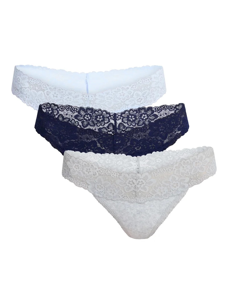 No Boundaries Lace Trim Cotton Rib Thong Panties, 3-Pack, Women's XS-XXXL - Walmart.com | Walmart (US)