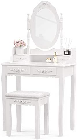 Girls Makeup Vanity Set with Mirror & Stool, Rose Carving Makeup Table, 4 Drawer White Dressing D... | Amazon (US)