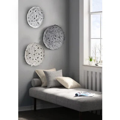 3 Metal Disc Wall Decor With Textured Feather - Grey, 20", 17.25", 14.25" , Indoor Use, Hook Ring Hanger Grey Art Disc, Display, Hangers | Wayfair North America