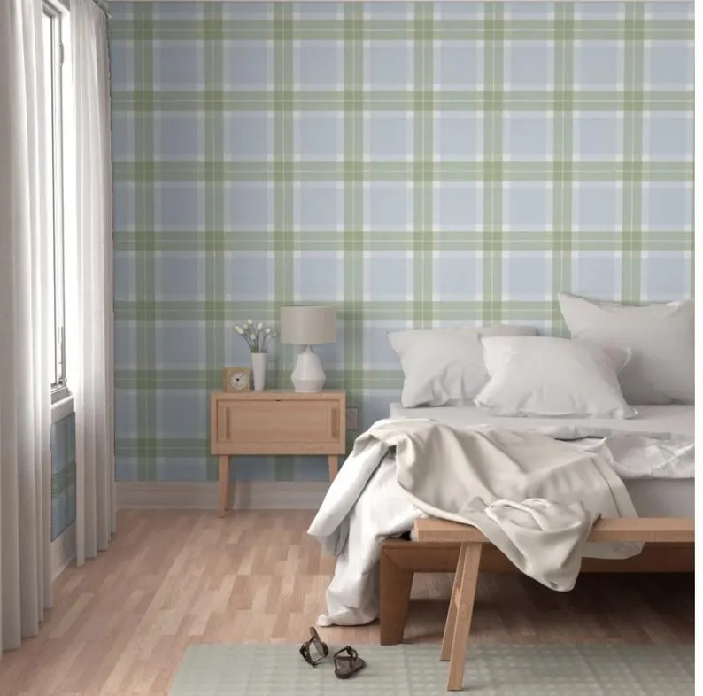 The Edgar Baby Nursery Collection - Plaid - Danish Blue And Medium Sage Green   (24" vertical rep... | Etsy (Global)