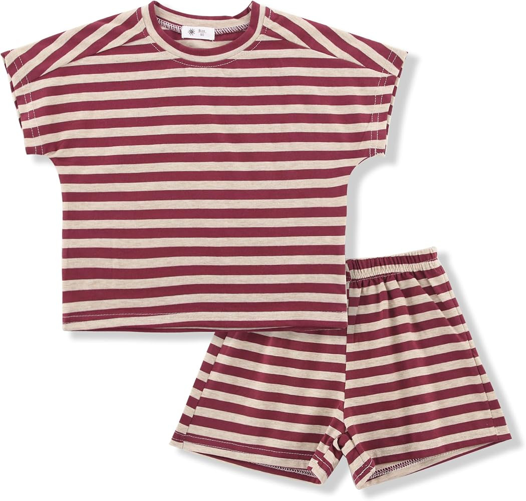 AngelBabies Girls 2 Piece Outfits Summer Girls Striped Batwing Sleeve Top and Short Sets 2-10Y | Amazon (US)