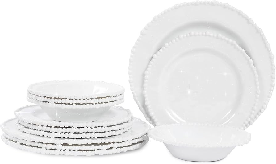 White Pearl Melamine Dinnerware Set, 12-Piece Plastic Dinner Dishes Set, Service for 4 Unbreakabl... | Amazon (US)