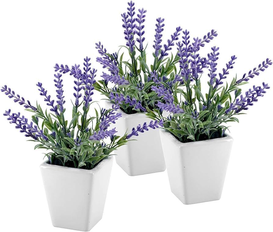 MyGift Small Purple Artificial Plants & Flowers with White Ceramic Mini Planter Pots, Set of 3 | Amazon (US)