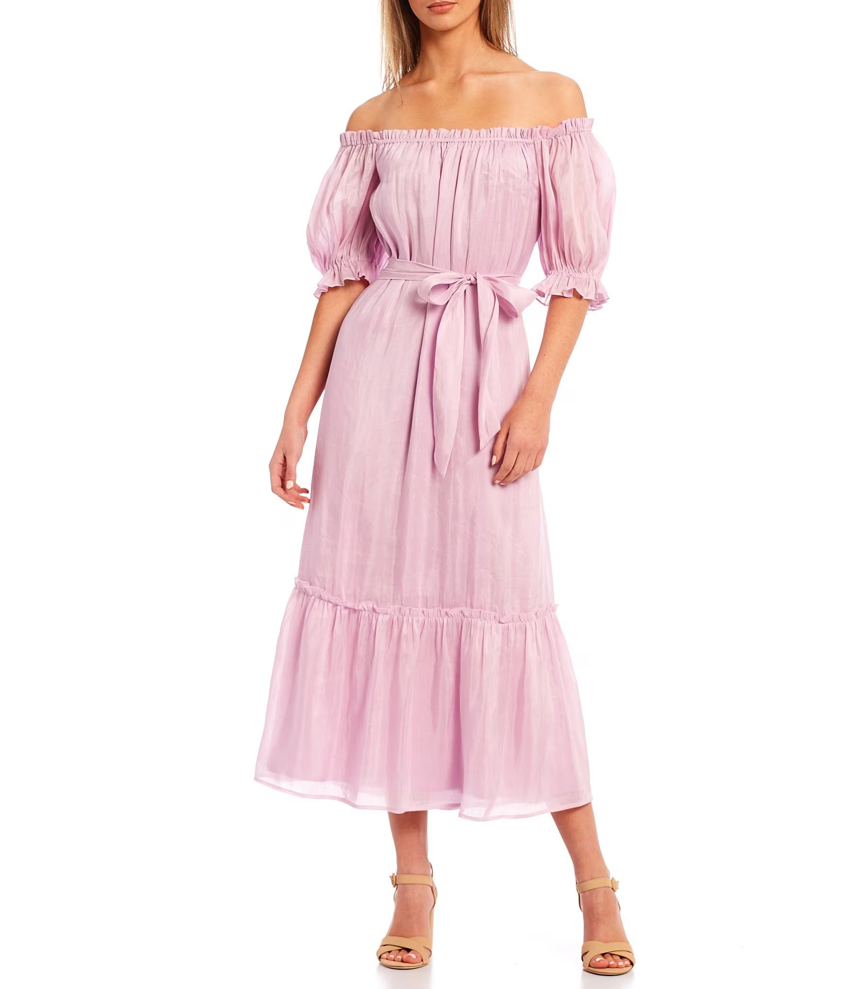 Ophelia Textured Linen Silk Off-the-Shoulder Short Sleeve Belted Dress | Dillards