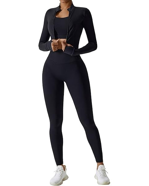 Women’s 3 Piece Workout Set – Sports Bra, Leggings & Jacket with Thumbholes – Yoga Outfit A... | Amazon (US)