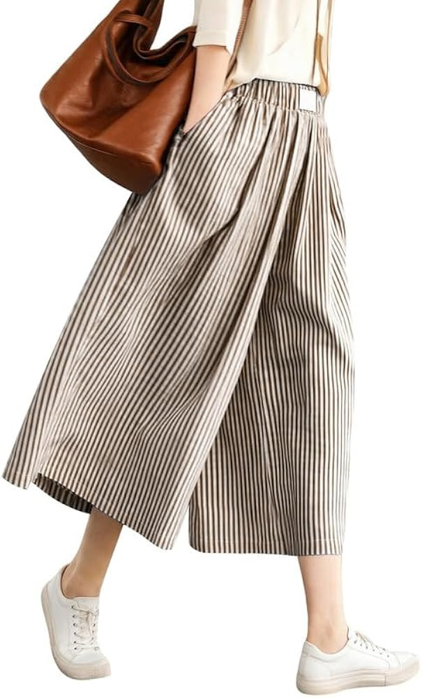 Marvmys Women's Cotton Capri Pants Striped Elastic Waist Casual Wide Leg Palazzo Culottes Pants w... | Amazon (US)