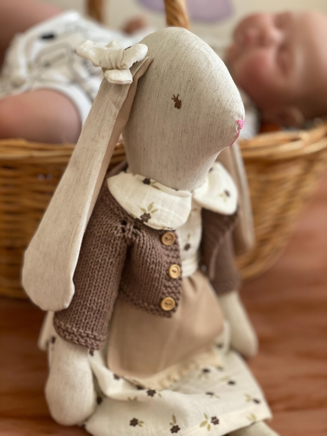 Personalized Linen Bunny Toy, Handmade Knitted Sweater Rabbit Doll - Etsy | Etsy (US)