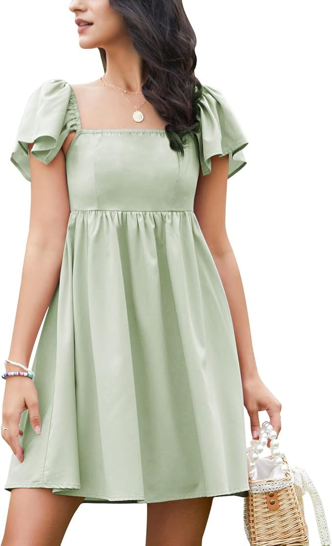 EXLURA Womens Square Neck Short Cap Sleeve Dress High Waist A-Line Casual Smocked Back Mini Dress | Amazon (US)