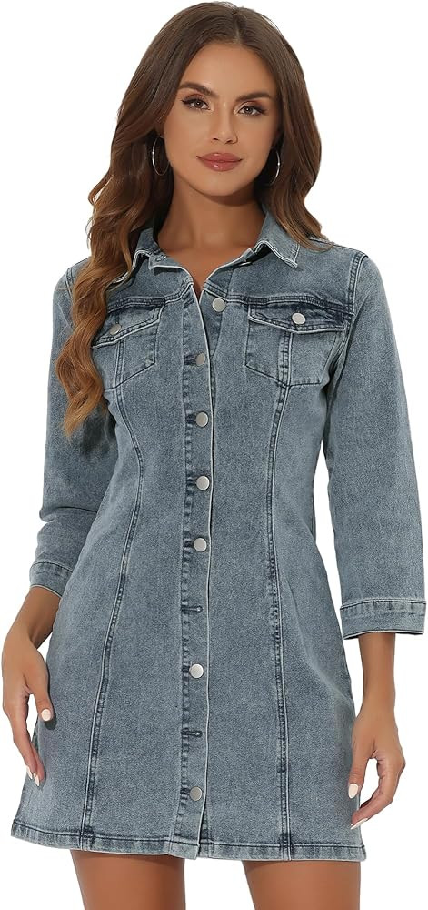 Allegra K Women's 3/4 Sleeve Button Down Denim Dress | Amazon (US)